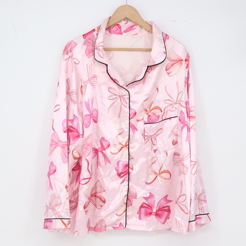 SHEIN Pajama Set Womens 2XL Bow Print Pink Button-Down Satin Long Sleeve Exc